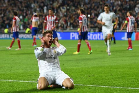 Sergio Ramos after scoring a historic equalizer in a Champions League final against Atletico Madrid.